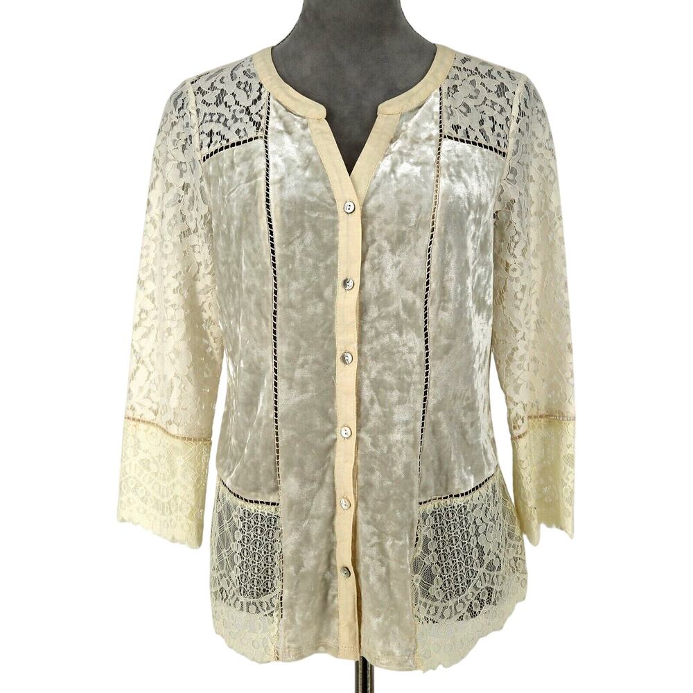 Vintage America Top Womens Medium Ivory Blouse Lace Velour Mixed Media Coastal